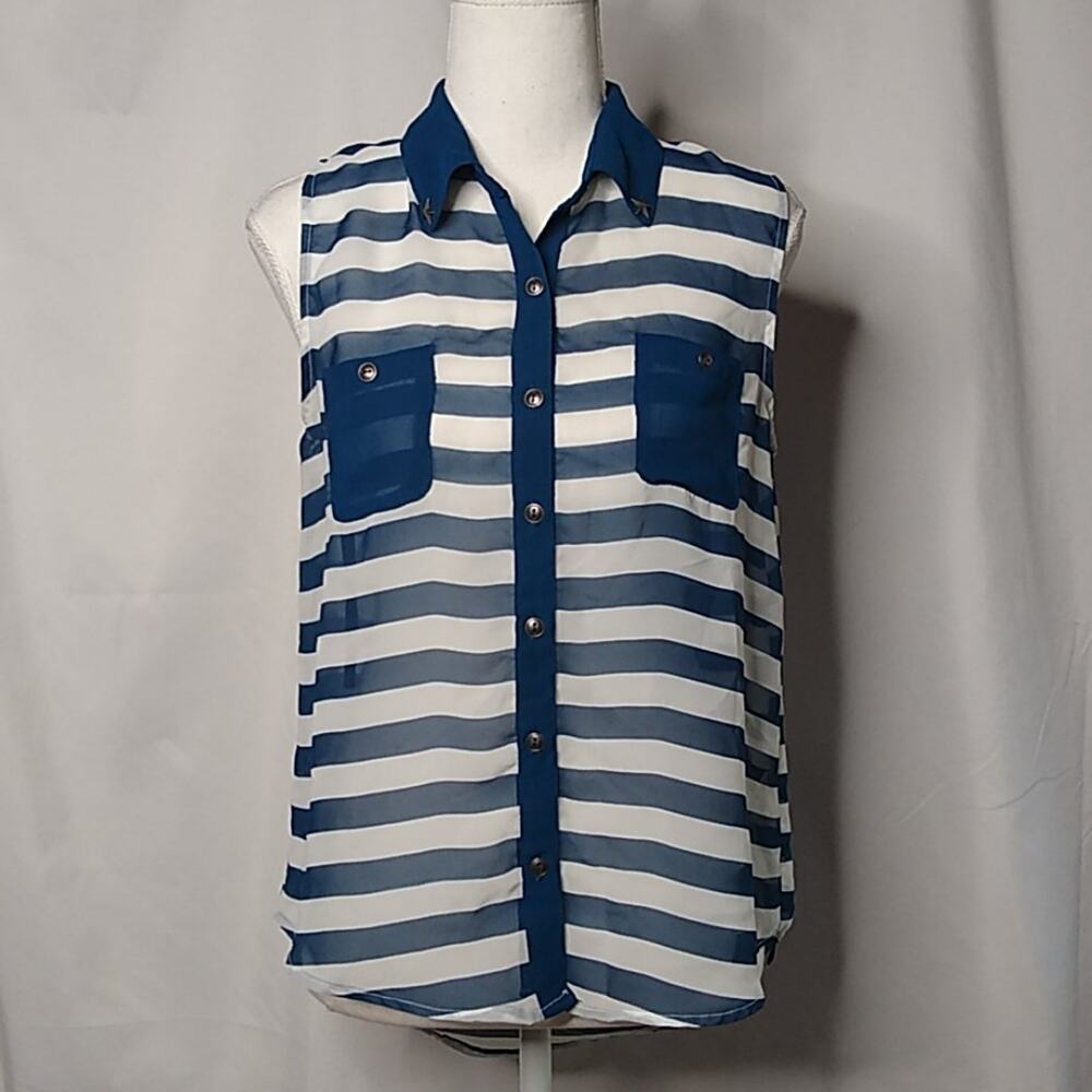 Edge Sleeveless Sheer Striped Blouse Blue Sm
